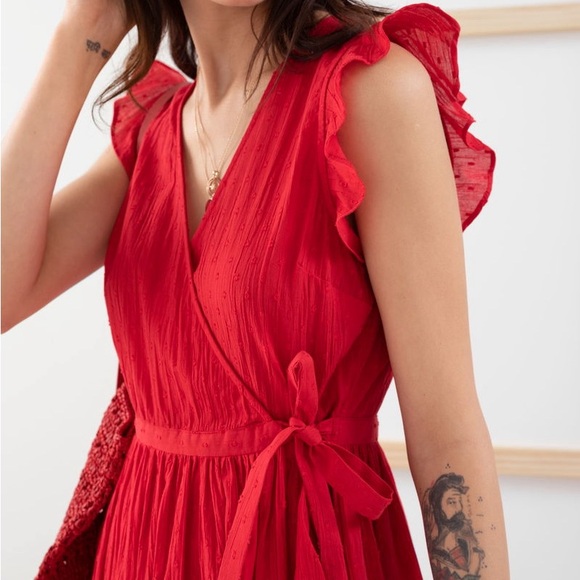 & Other Stories | Red Swiss Dot Crepe Wrap Dress | Size 2 - Picture 10 of 11